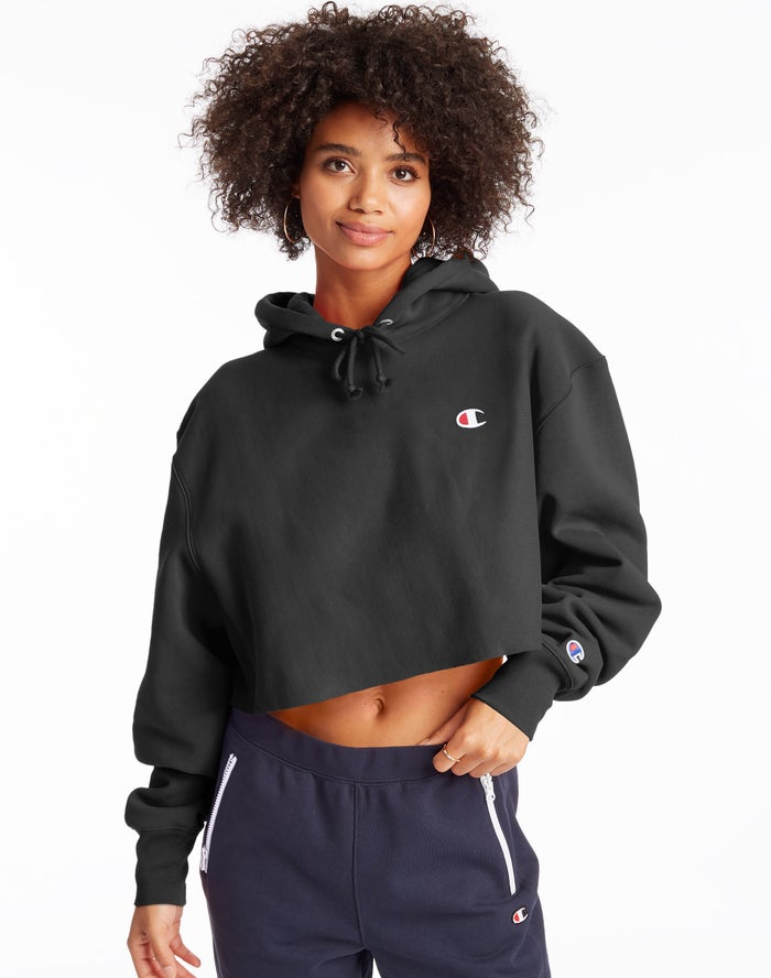 Champion Reverse Weave Cropped Cut-Off C Logo Kadın Kapşonlu Sweatshirt Siyah ( YPIBSO754 )